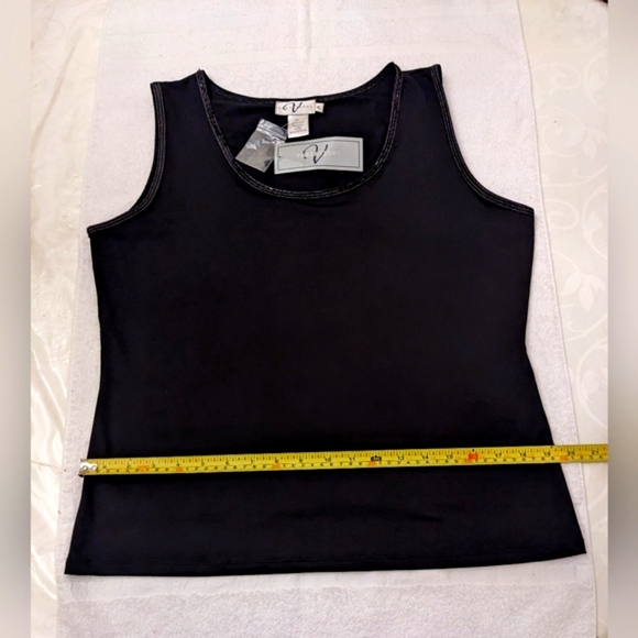 🆕Dressy Sleeveless Black Tank Top with Beaded Neck and Arm Lines - Picture 2 of 6